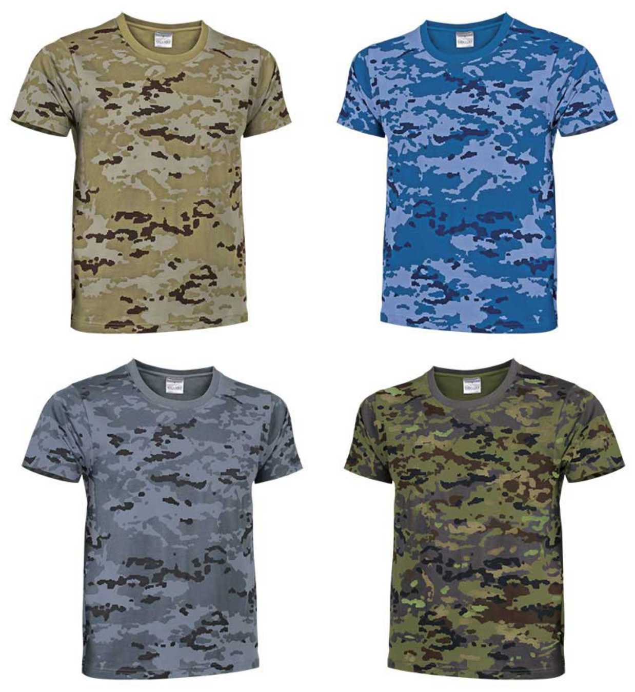 Camiseta Militar Pixelada árida, verde, azul gris. Camuflaje